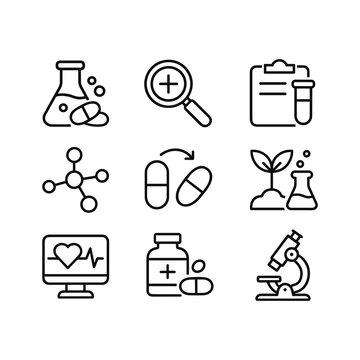 Drug development and pharmaceutical research icon set. Outline symbols. Line design