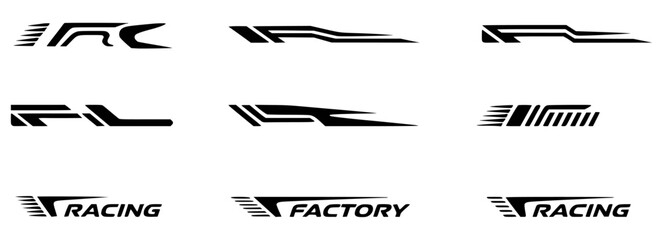 Collection of vector racing car vinyl decal graphics in black and white