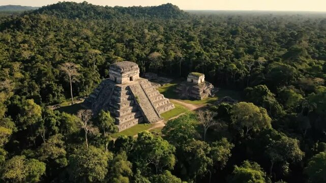 An aerial view shows the ancient mayan temple pyramid ruins of tikal surrounded by a dense jungle forest in guatemala