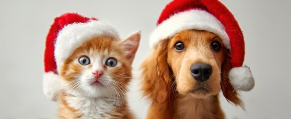The adorable cat and dog wearing festive Christmas hats.