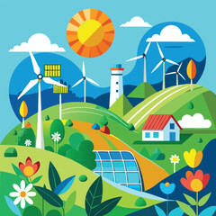 Colorful cartoon village landscape with houses, trees, and a sunny sky