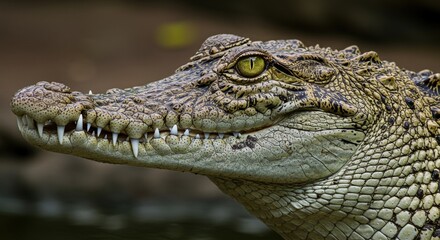 Close-up of a Nile crocodile showing textured skin, sharp teeth, and intense eyes. Powerful African predator in its natural habitat near freshwater rivers.