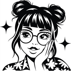 A fashionable woman with space buns and stylish glasses poses elegantly in black and white