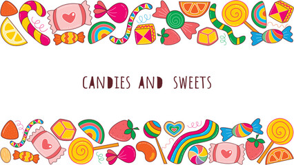 Horizontal background with frame of candies and sweets. Template with copy space. Caramel, candies, lollipops, marmalade and confections truffle border, vector graphics