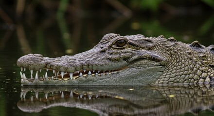 Fototapeta premium Close-up of a Nile crocodile showing textured skin, sharp teeth, and intense eyes. Powerful African predator in its natural habitat near freshwater rivers.
