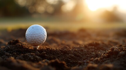 Golf tee grounded in rich soil holding bright white ball at sunrise