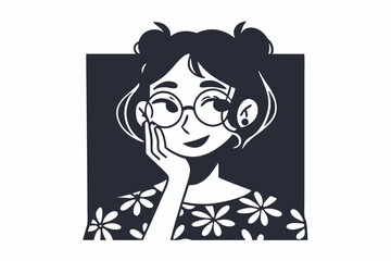 Cartoon teenager with glasses resting her head on hand smiles confidently