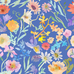 Seamless floral pattern with watercolor flowers. Botanical wallpaper with hand drawn flowers and leaves.