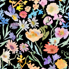 Seamless floral pattern with watercolor flowers. Botanical wallpaper with hand drawn flowers and leaves.