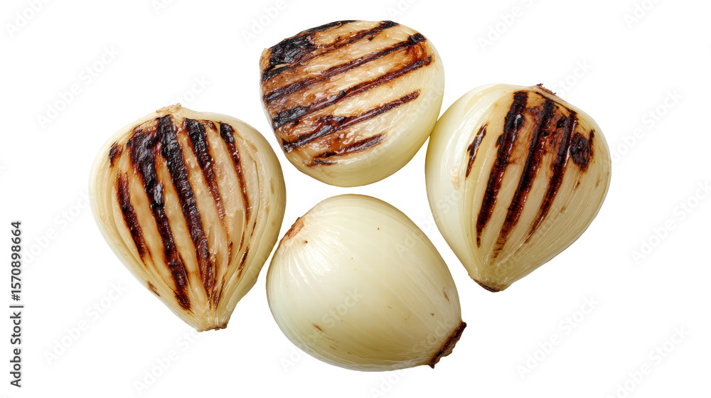 Poster grilled onion isolated on transparent background with charred marks and fresh texture