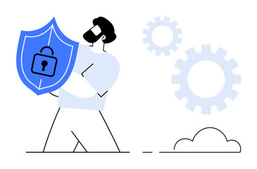 Person carrying shield with lock symbol amidst gears and cloud, symbolizing cybersecurity, privacy, protection, data safety, digital security, IT management, online confidentiality. Simple flat