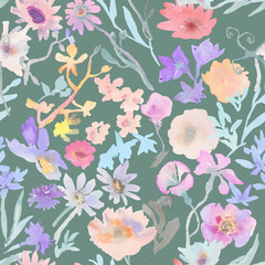 Seamless floral pattern with watercolor flowers. Botanical wallpaper with hand drawn flowers and leaves.