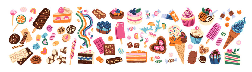 Set of cute confectionery. Different candies, lollipops, sweets, cookies, chocolates. Pastry desserts, bakery: cakes, ice creams. Flat isolated hand drawn vector illustration on white background