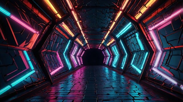 Neon Tunnel Adventure, Sci-Fi Setting, Digital Art, Dark Environment, Dynamic Viewpoint