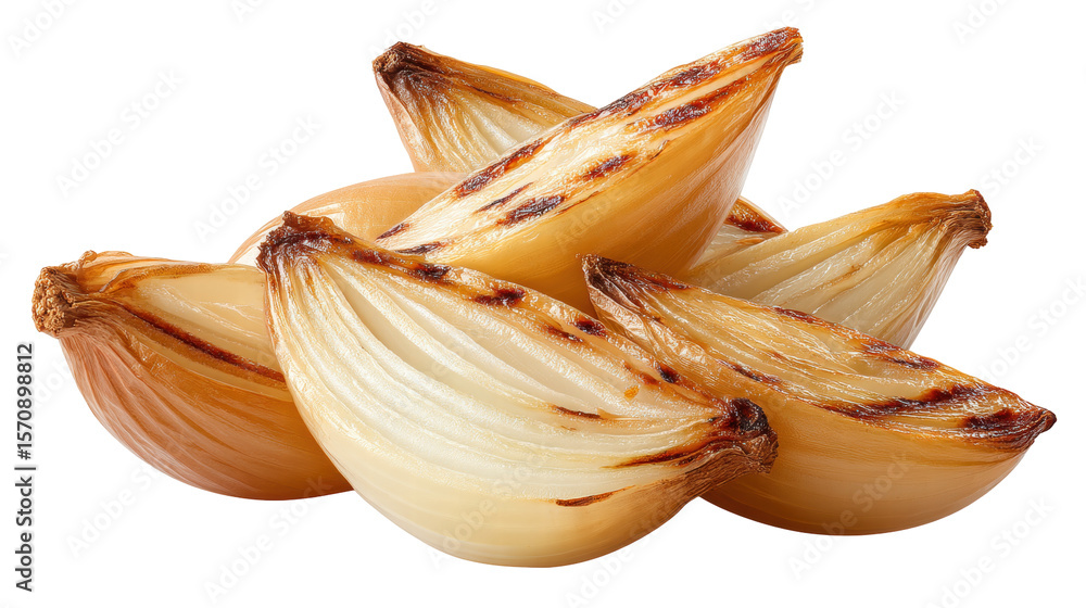 Poster grilled onion slices isolated on transparent background with roasted texture and golden color