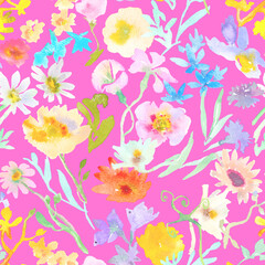 Seamless floral pattern with watercolor flowers. Botanical wallpaper with hand drawn flowers and leaves.