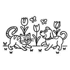 Cat and Dog with Tulips and Butterflies.