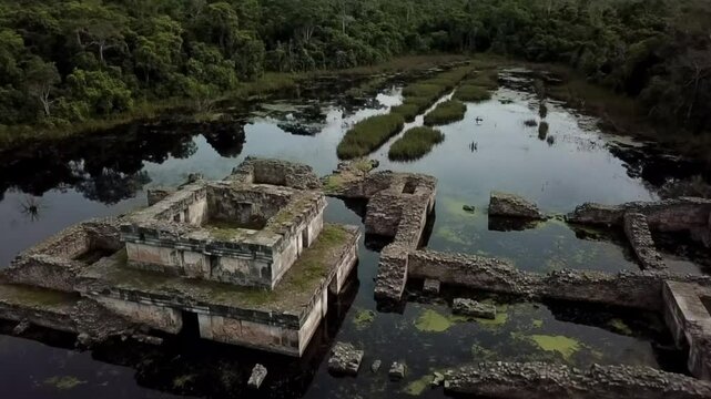 The mayan ruins of ek balam in mexico are partially submerged in a lake surrounded by jungle, reflecting the ancient pyramid