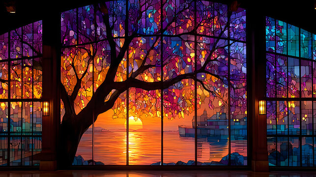 Fototapeta Beautiful stained-glass window artwork vividly capturing a serene sunset seen through silhouetted branches