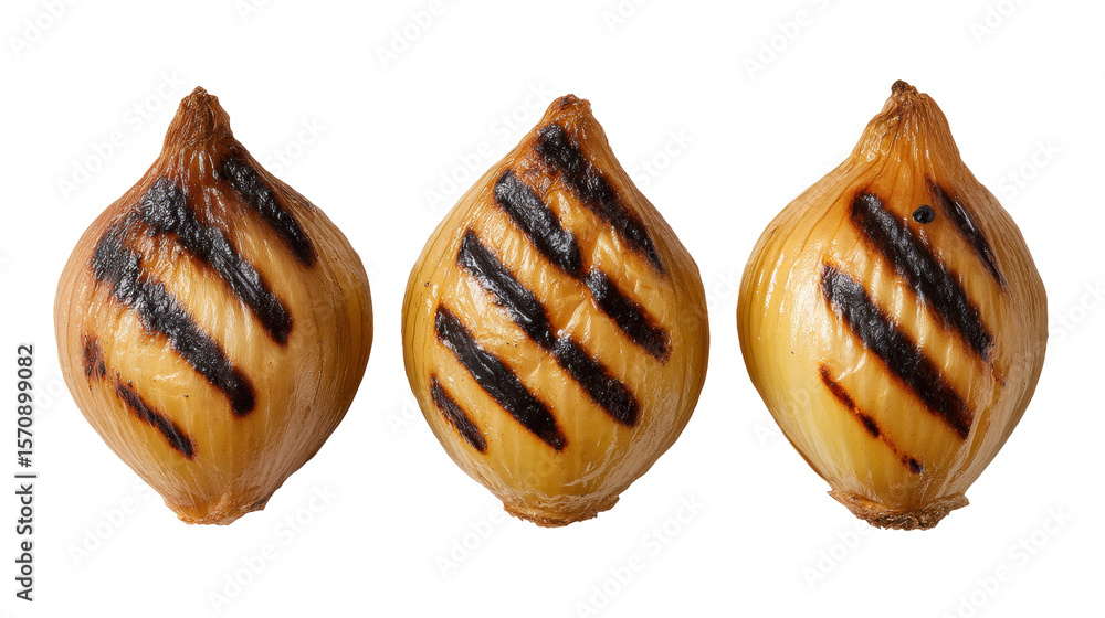 Poster grilled onion isolated on transparent background with charred marks and golden texture