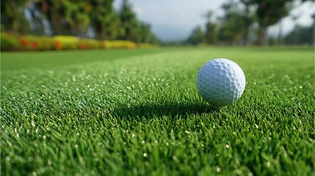 Flawless green course grass with golf ball in position on tee