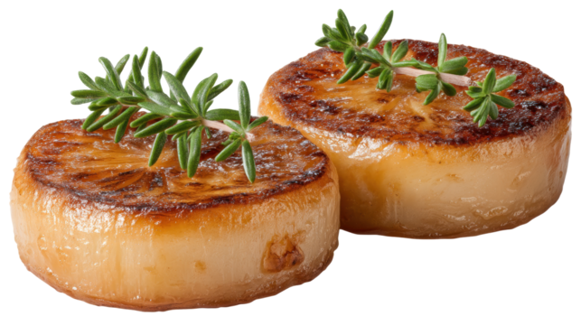 Seared scallop isolated on transparent background with fresh green herb garnish on top