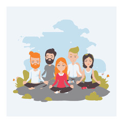 Group of Diverse People Meditating Together in a Peaceful Cartoon Style