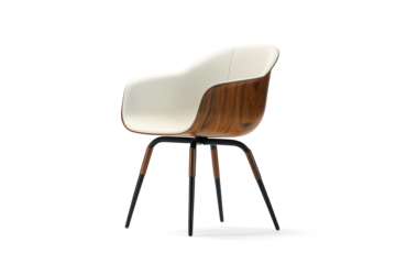 Modern white chair with wooden seat and black legs on a transparent background
