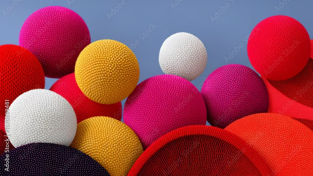 Poster bunch of colorful balls are piled on top of each other. the balls are of different sizes and colors,