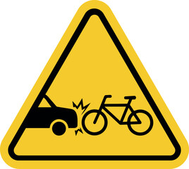 car hits bicycle warning sign. yellow triangle danger symbol for poster and web icon
