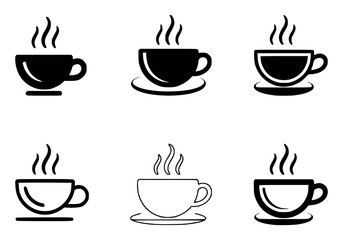Set of simple black and white coffee cup icons with steaming aroma