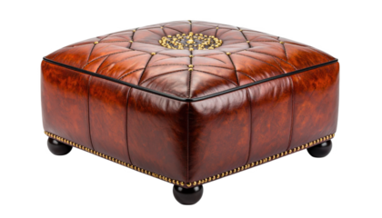 Brown leather tufted square footstool isolated on transparent background