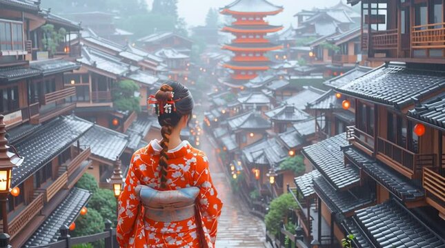 Woman in traditional kimono walking through historic Japanese street with pagoda in background, misty morning scene

