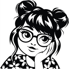 Girl with glasses and space buns leans her face on her hand, monochrome