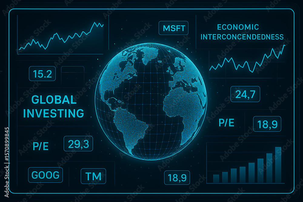 Aufkleber digital financial dashboard with glowing world map and economic data charts representing global inve