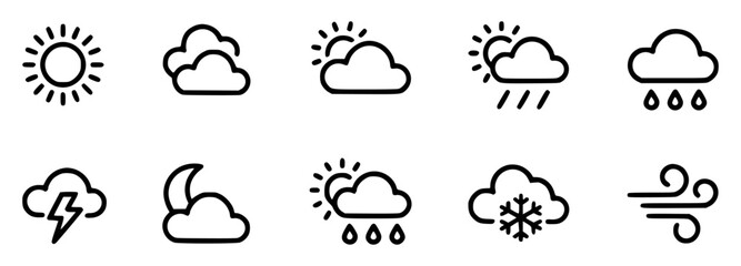 Simple and stylized weather icons representing different climate conditions