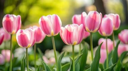 Fototapeta premium Vibrant Pink Tulip Field in Full Bloom A Stunning Spring Landscape Capturing Nature s Beauty