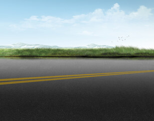 road to the sky/An asphalt road stretches across a green landscape with grass, meadow, and a clear sky.