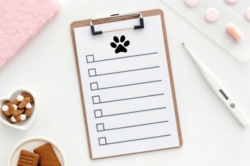 Checklist with Paw Icon on Clipboard for Pet Care and Health Reminders on White Background