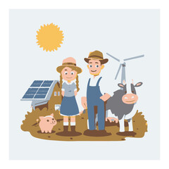 Happy Farmers with Renewable Energy in Cartoon Style on a Sunny Day