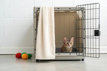 Curious Cat Peeking Out from Half Open Door of Cozy Carrier with Colorful Toys Nearby