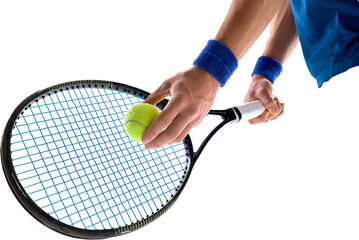 Close-up of hands setting ball on racket strings, athlete ready to serve with wristbands visible,...
