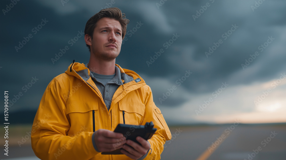 Poster meteorologist tuning high-altitude weather drone for forecasting