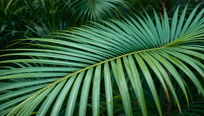 Obraz premium Close-Up of Overlapping Green Palm Leaves with Natural Symmetry – Botanical Still Life Representing Tropical Elegance, Nature’s Geometry, and Organic Calm