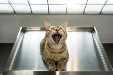 Yawning Cat Relaxing on a Clean Stainless Counter with Natural Light from Above