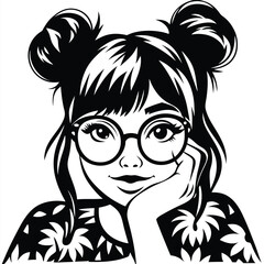 Black and white features a girl wearing glasses with hand on her cheek