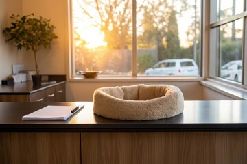 Cozy Reception Counter with Cat Bed and Notepad in Morning Sunlight