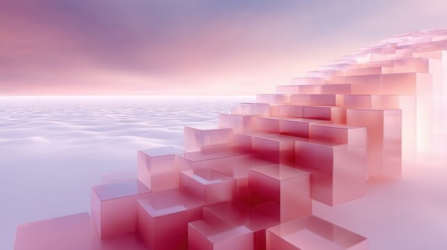 Fototapeta Abstract pink cubes ascending towards a soft gradient sky