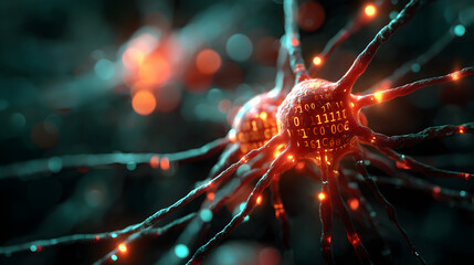 AI brain concept with glowing synapses and binary code overlay, abstract fusion of biology and tech, cinematic depth, UHD detail