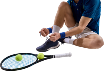 Male tennis player sitting on court floor and tying shoelaces before practice session. Isolated on transparent background. Concept of young athlete lifestyle branding